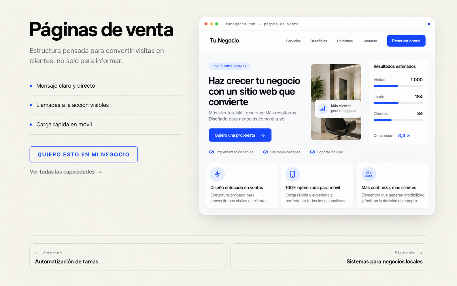Páginas de venta — Vista de ejemplo