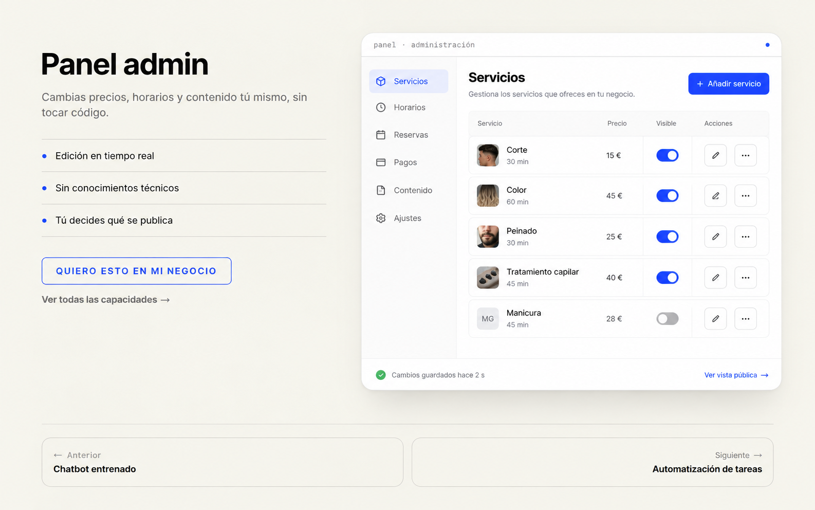 Panel admin — Vista de ejemplo